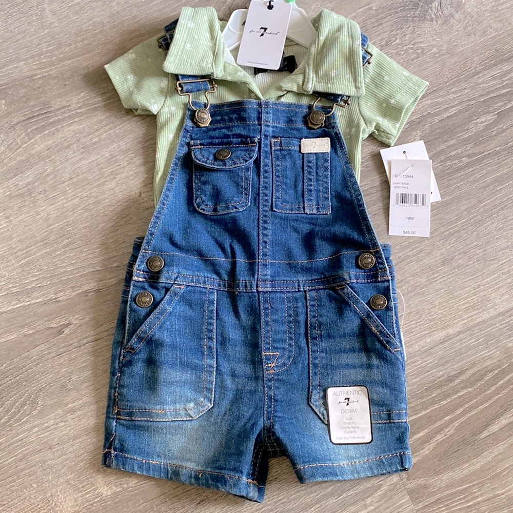 7 For All Mankind 2 piece denim overall and top set 18 mos. NWT!